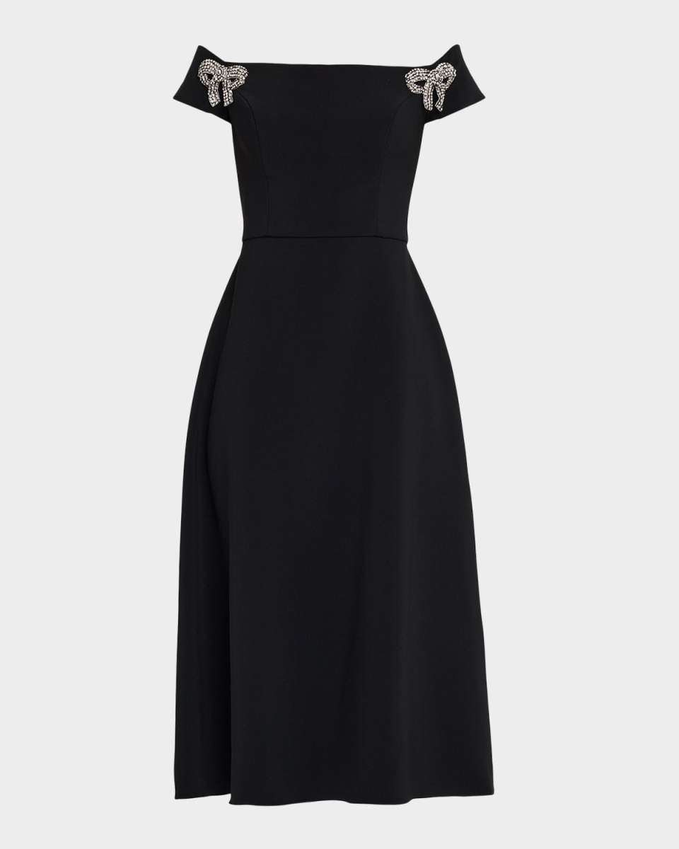 Bow Embellished Off-The-Shoulder Midi Dress